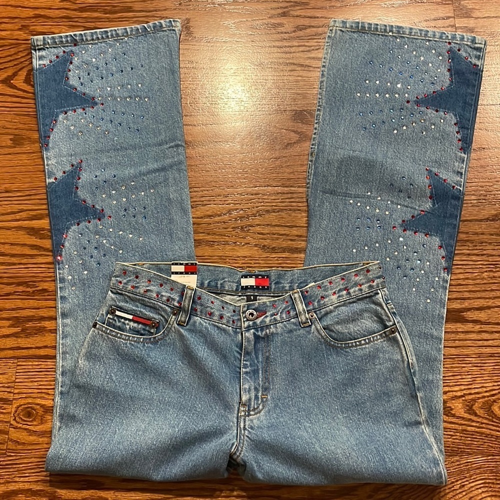 NWT TOMMY JEANS VINTAGE woman’s Star dazzle rhinestone flare  jeans high slits 9